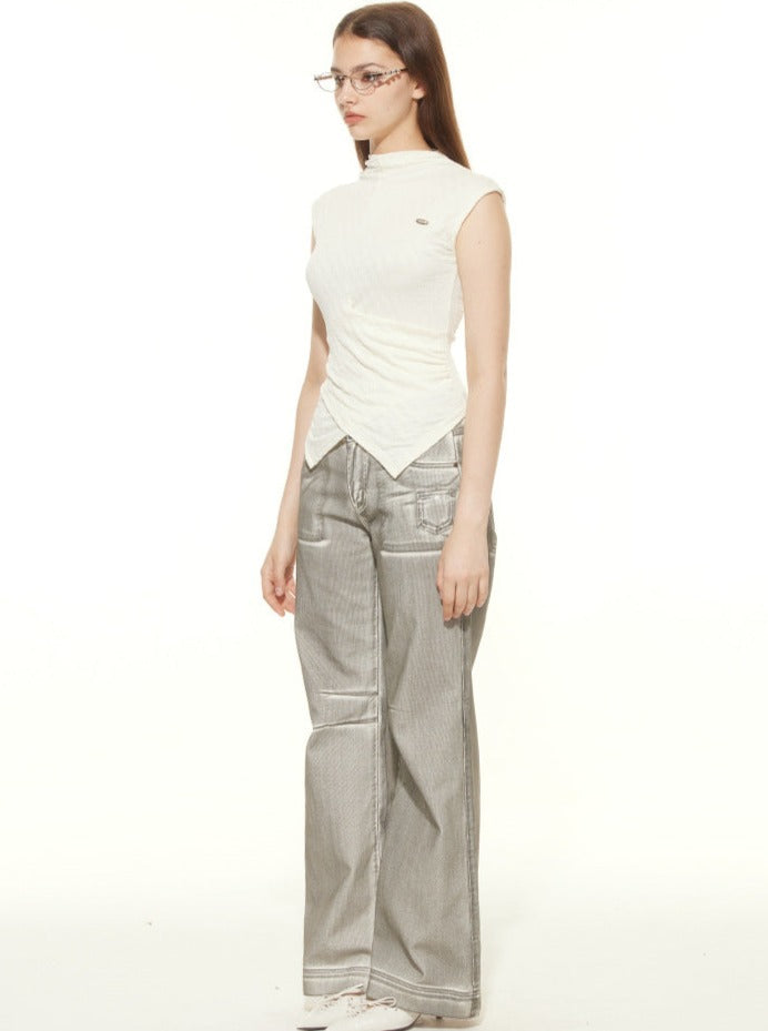 Stand-Up Collar Pleated Casual Top