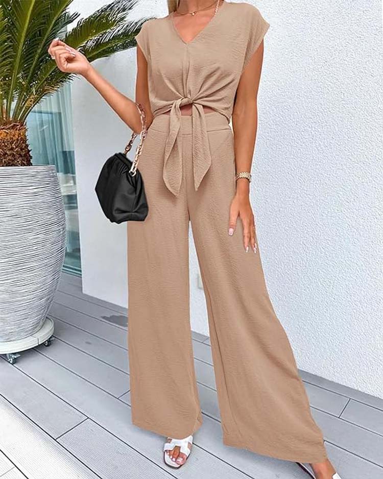 Solid Color V-Neck Sleeveless Crop Top and High Waist Wide Leg Pants