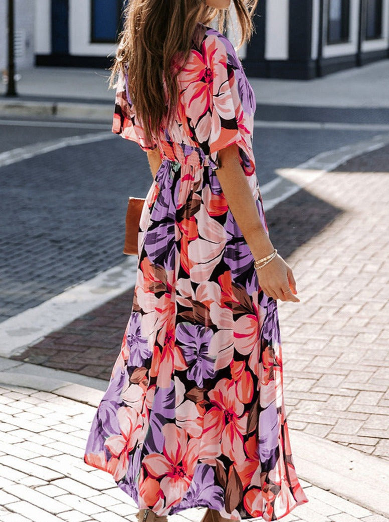 V-Neck Printed Loose Slit Dress