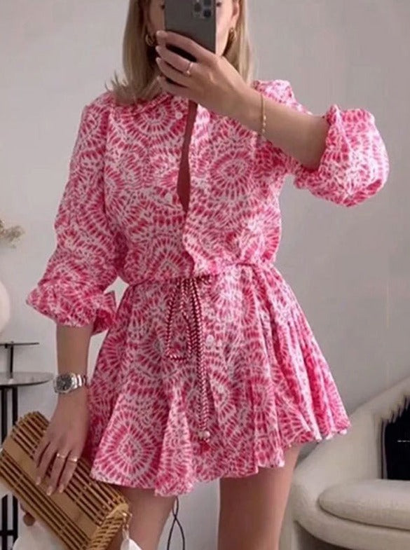 Pink vintage printet flæse mini nederdel 