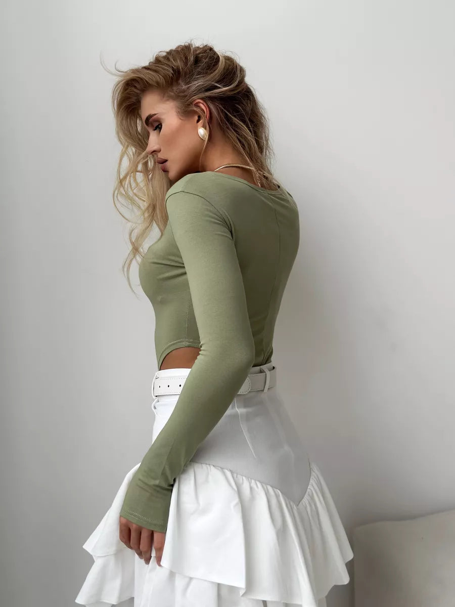 Green Long Sleeve Cut Out Bodysuit