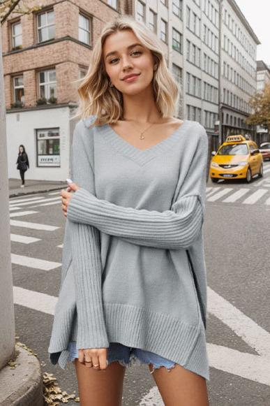 Loose V-Neck Long Sleeve Pullover Sweater