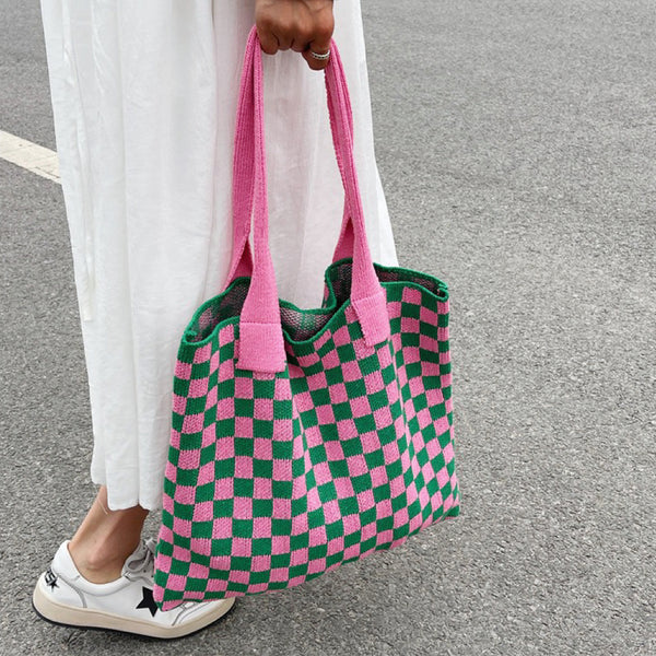 Knitted Checkered Tote Bag