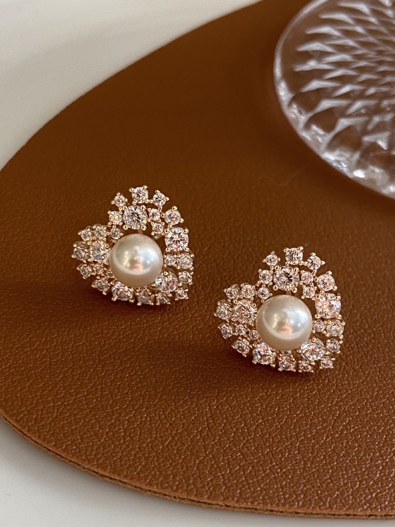 Heart Shaped Diamond Inlaid Pearl Earrings