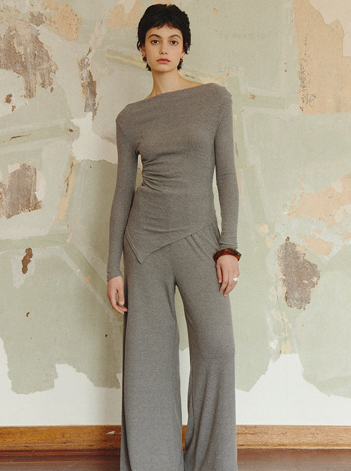 One Shoulder Knitted Top Wide Leg Pants Two Piece Suit