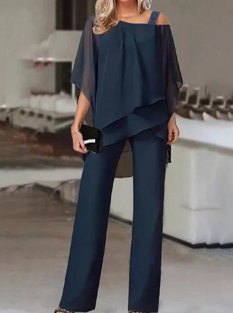 Luxurious Asymmetric Off The Shoulder Blouse & Pants Set