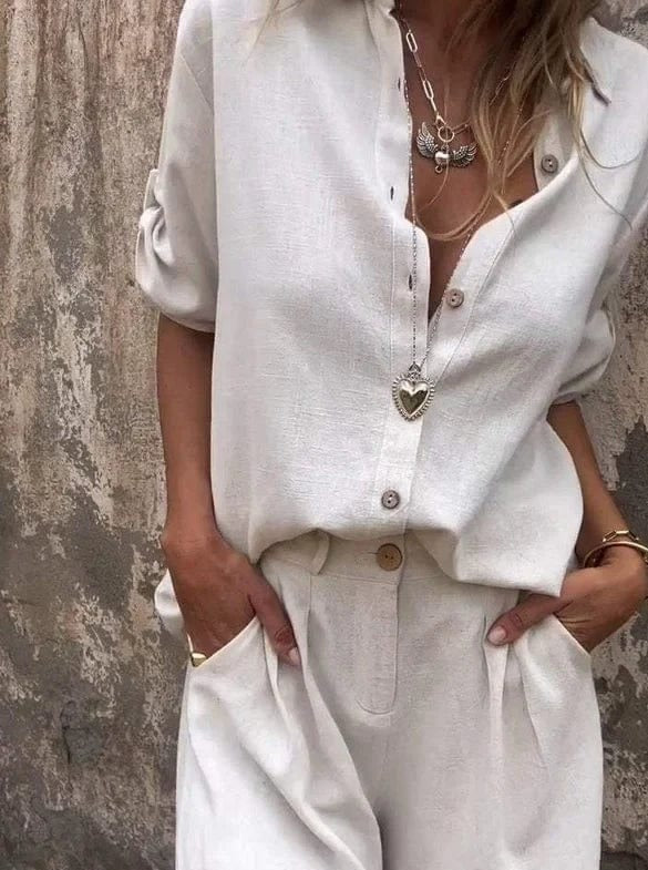 Casual Buttoned Linen Blouse Set