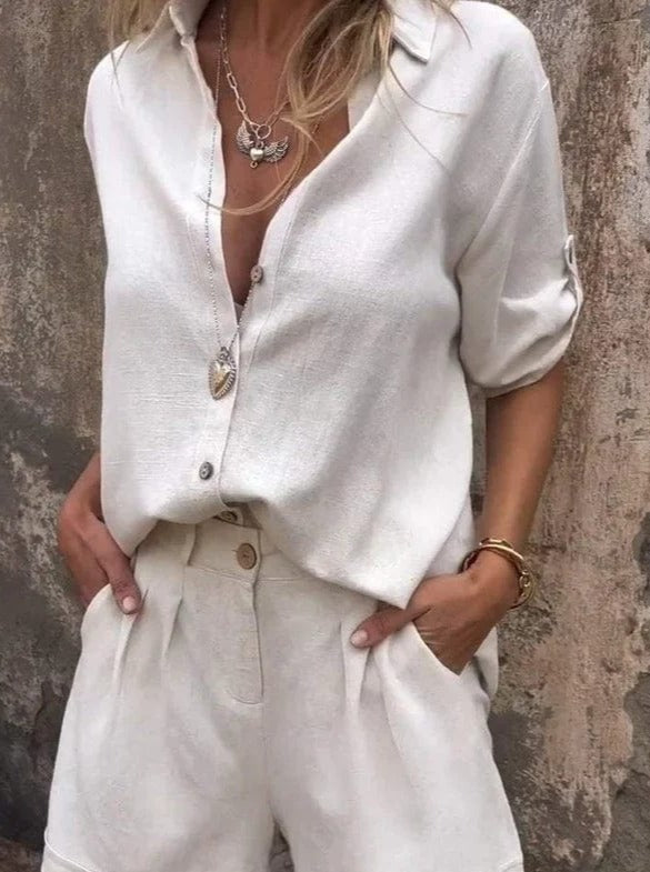 Casual Buttoned Linen Blouse Set