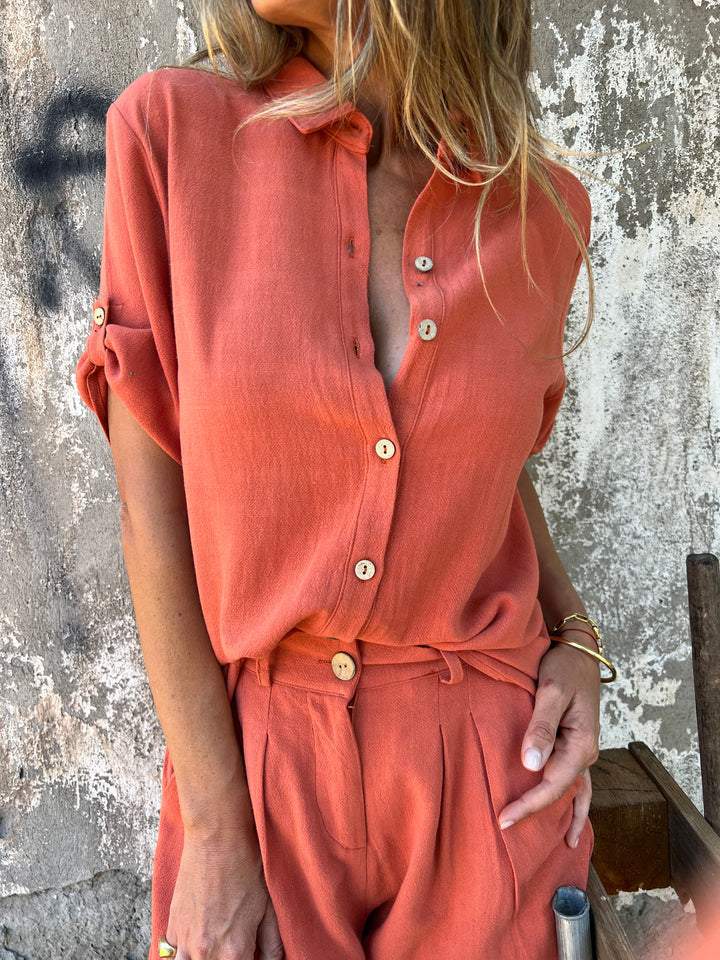 Casual Buttoned Linen Blouse Set