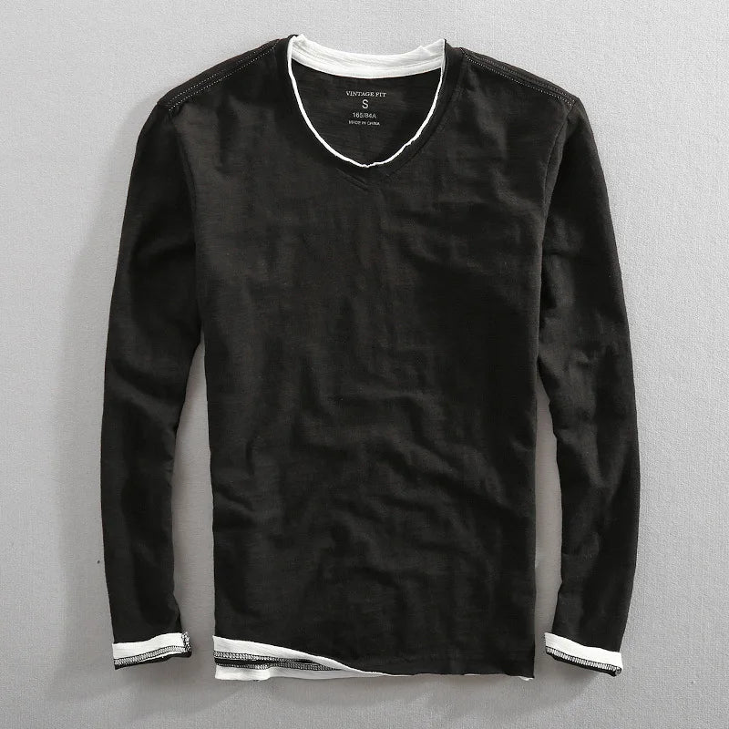 Men's Long Sleeve V-Neck Cotton Shirt