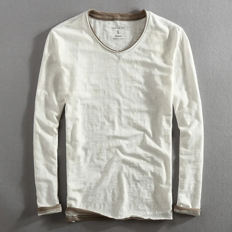 Men's Long Sleeve V-Neck Cotton Shirt