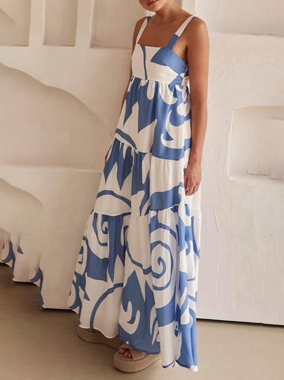 Abstract Blue Printed Sleeveless Flared Maxi Dress