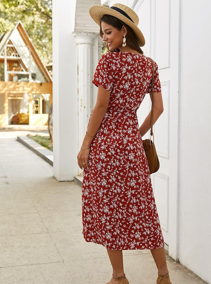 Deep V-Neck Short Sleeved Floral Print Slit Dress
