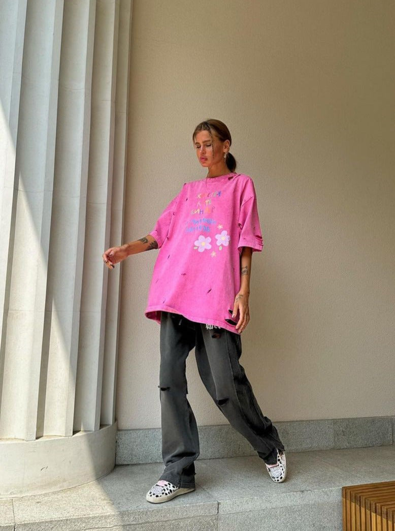 Pink Short Sleeves Loose Letter Print Mid-Length Shirt