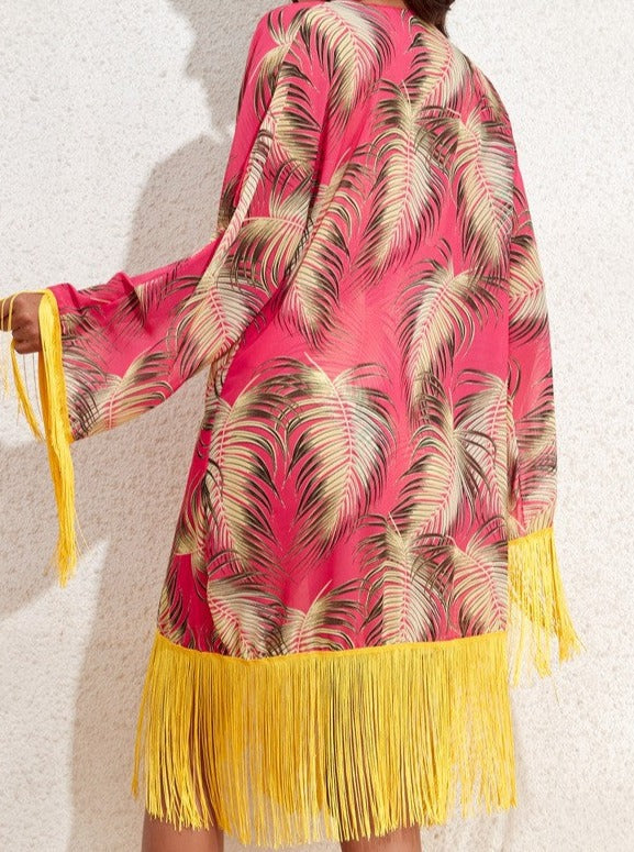 Pink Tropical Printed One Piece Swimsuit and Tassel Cover-Up