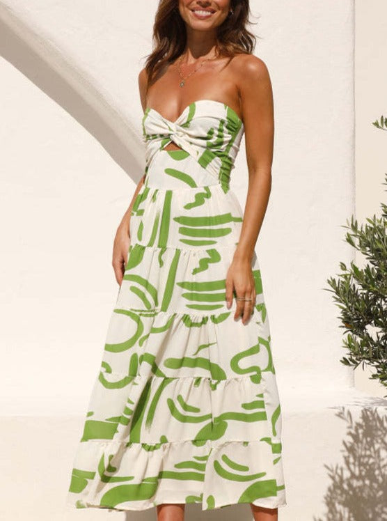 Floral Print Green Tube Midi Dress