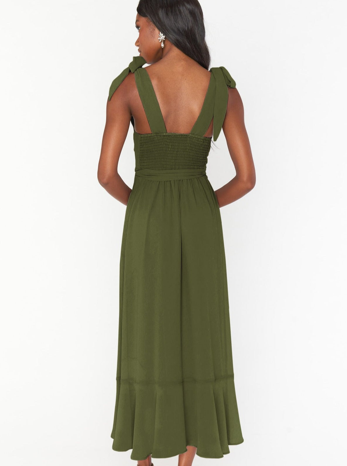 Armygrøn high-end firkantet hals ærmeløs slids kjole 