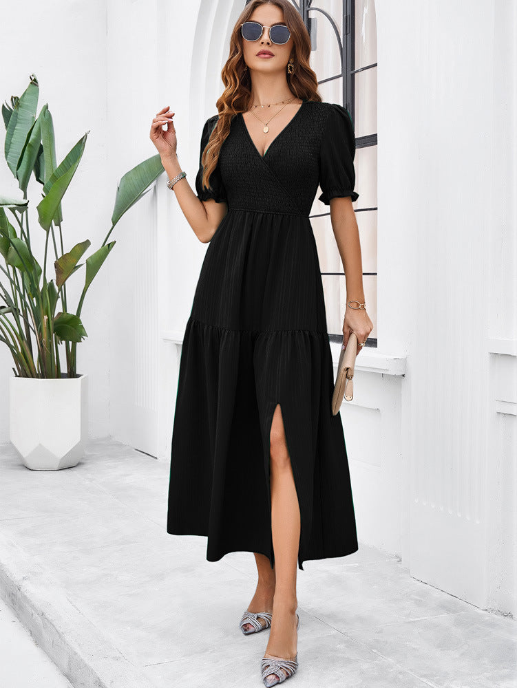 V-Neck Short Sleeved Long Dress