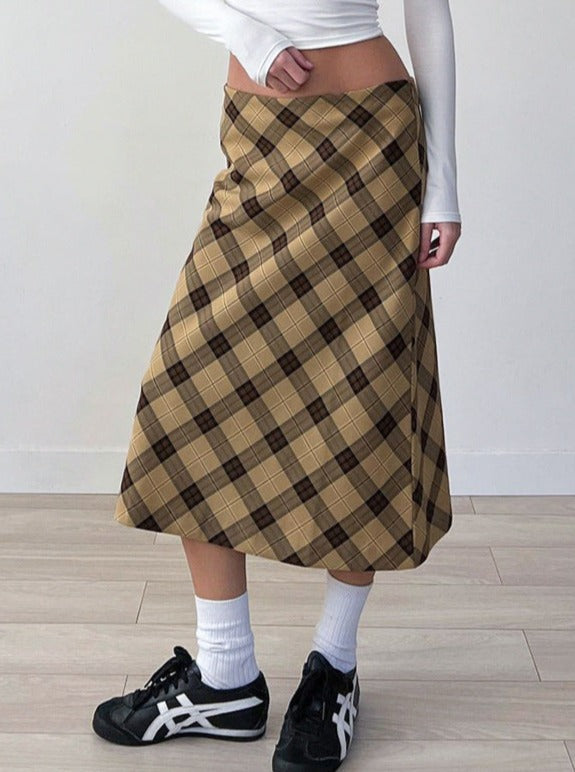 Plaid midi-nederdel med lav talje 