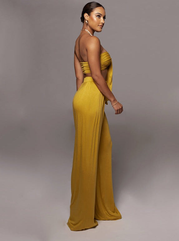 Gold Lace-Up Tube Top and Mid Waist Wide Leg Pants