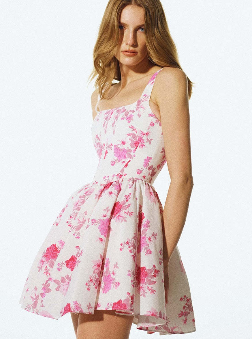 Floral Rose Print Suspender Waist Dress