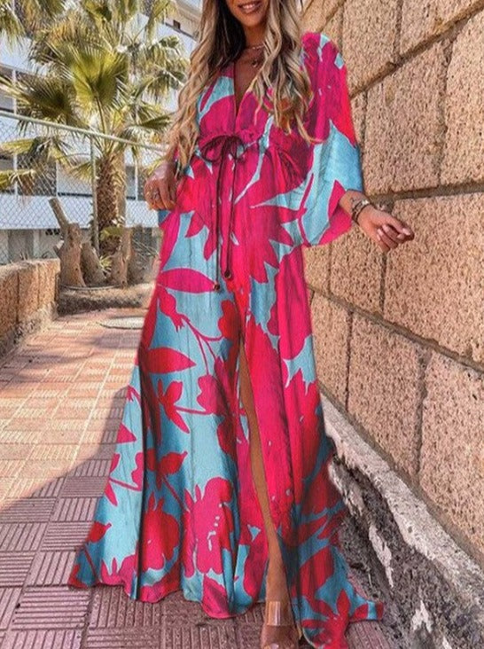Blue Red Printed V-Neck Lace-up Long Dress