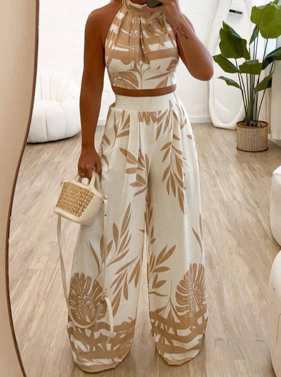 Two Piece Halter Sleeveless Printed Pants Suit