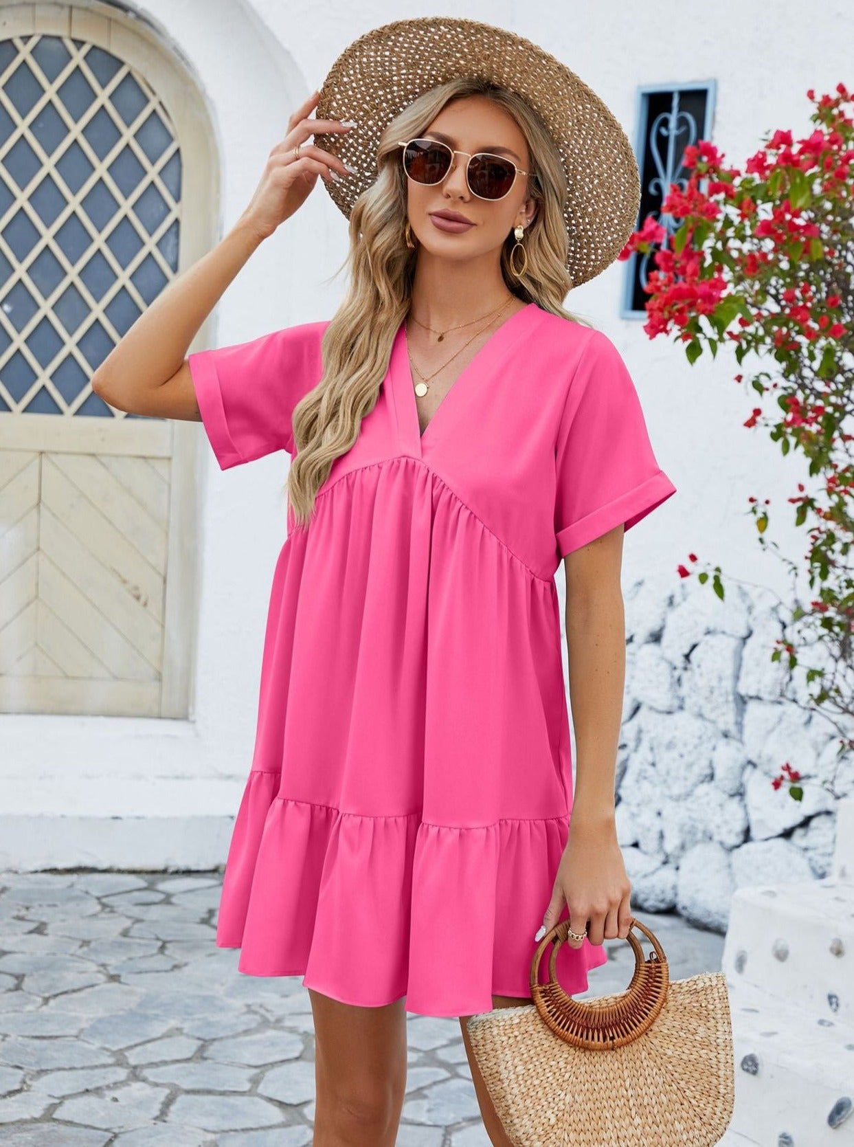 Pink V-Neck Loose Pleated Dress