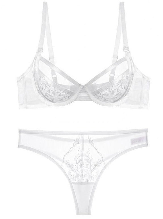 Women's Ultra Thin Crystal Cup Embroidered Lace Sexy Bra Set