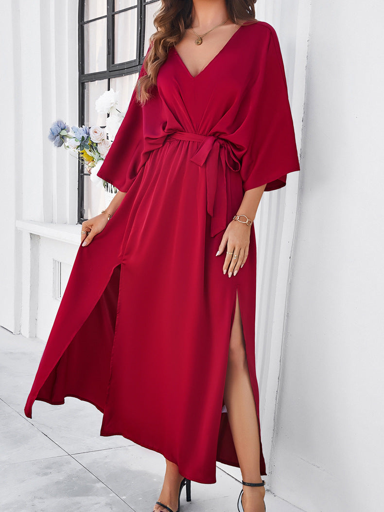 Red Elegant V-Neck Temperament Loose Dress
