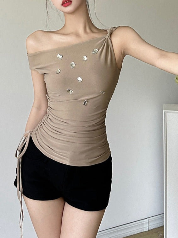 Solid Color Slim Pleated Sleeveless Tops
