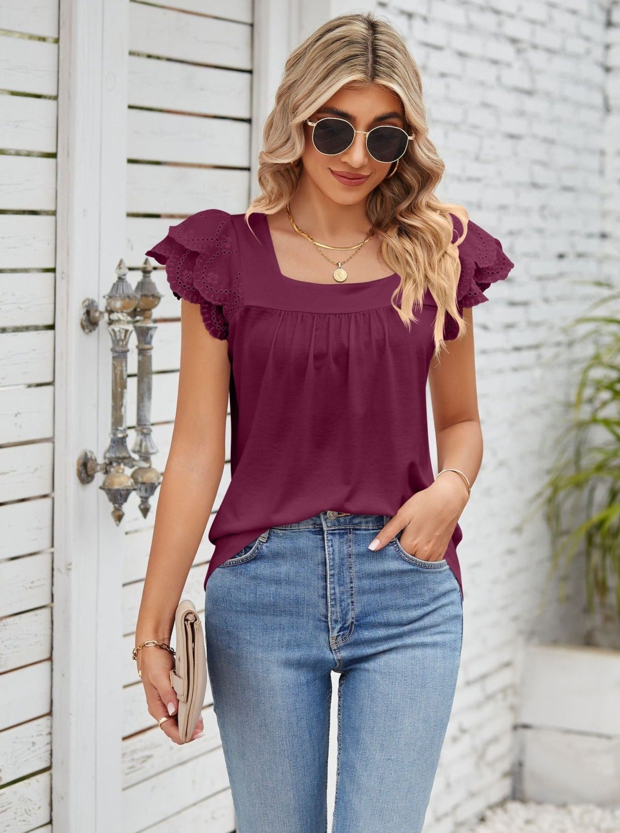 Wine Lace Stitching Square Collar Petal Short-Sleeved Shirt