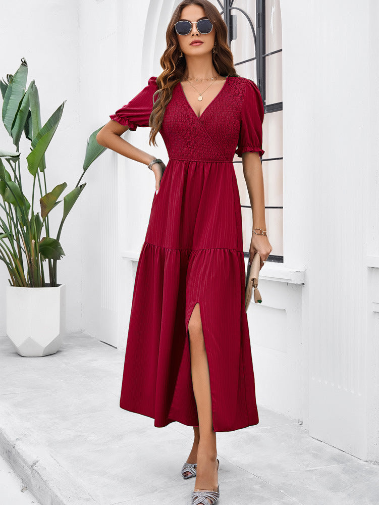 V-Neck Short Sleeved Long Dress