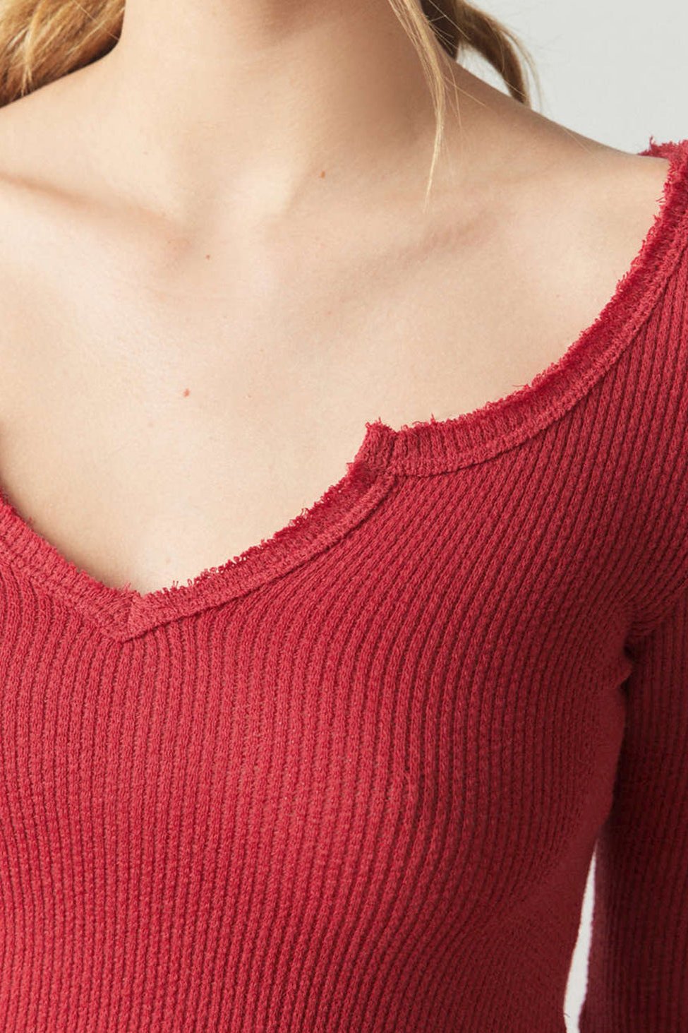 Ribbed V-Neck Long Sleeve Knitted Sweater Blouse