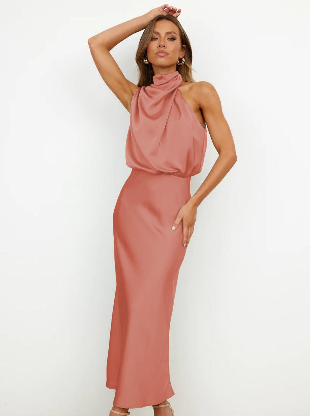 Elegant Pink Halter Neck Dress