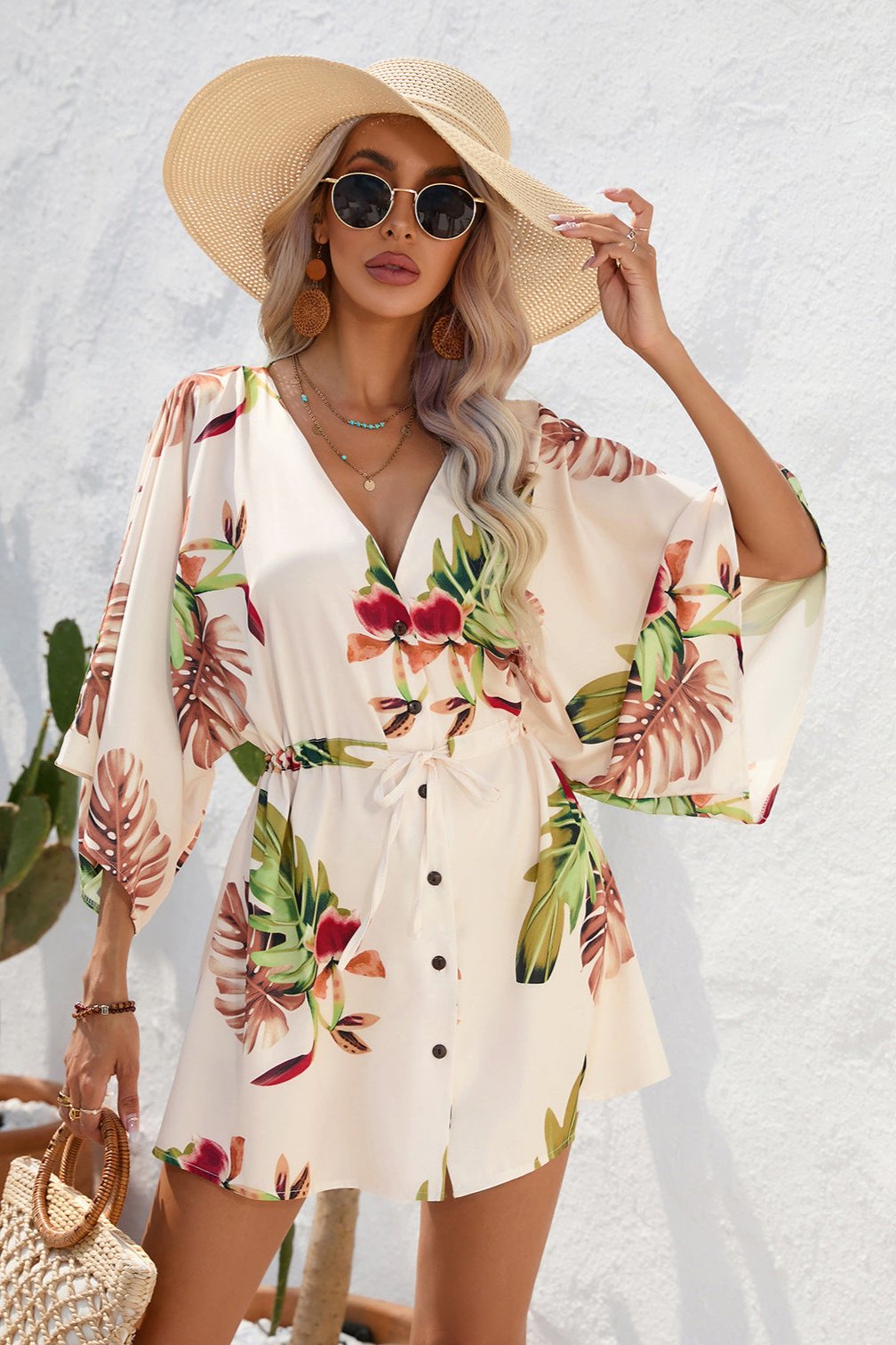 Tropical Printed Half Sleeve Mini Dress