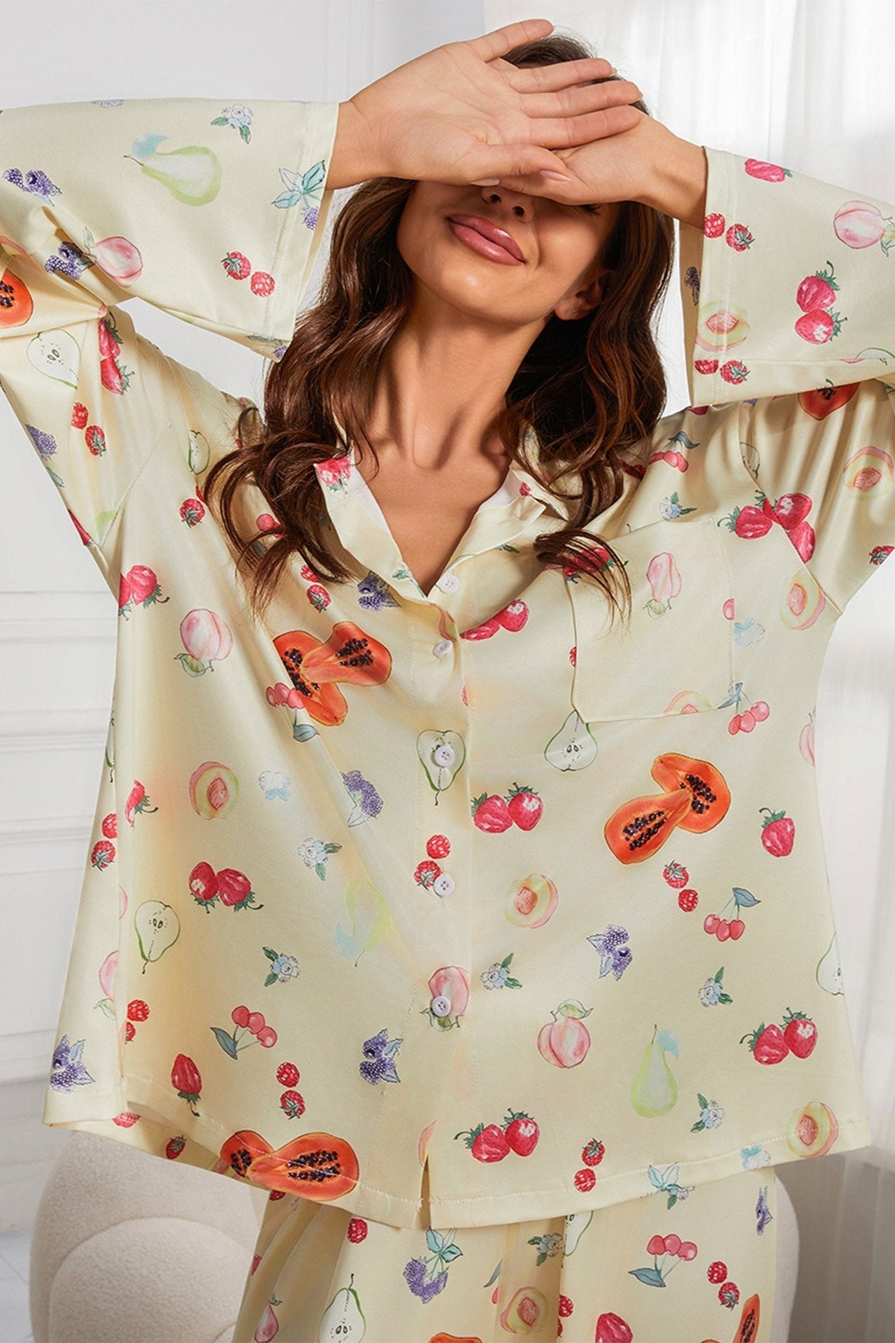 Fruit Printed Long Sleeve Shirt Wide Leg Pajama Set