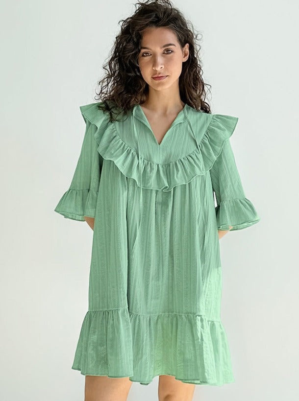 V-Neck Ruffle Sleeve Smock Nightgown Dress
