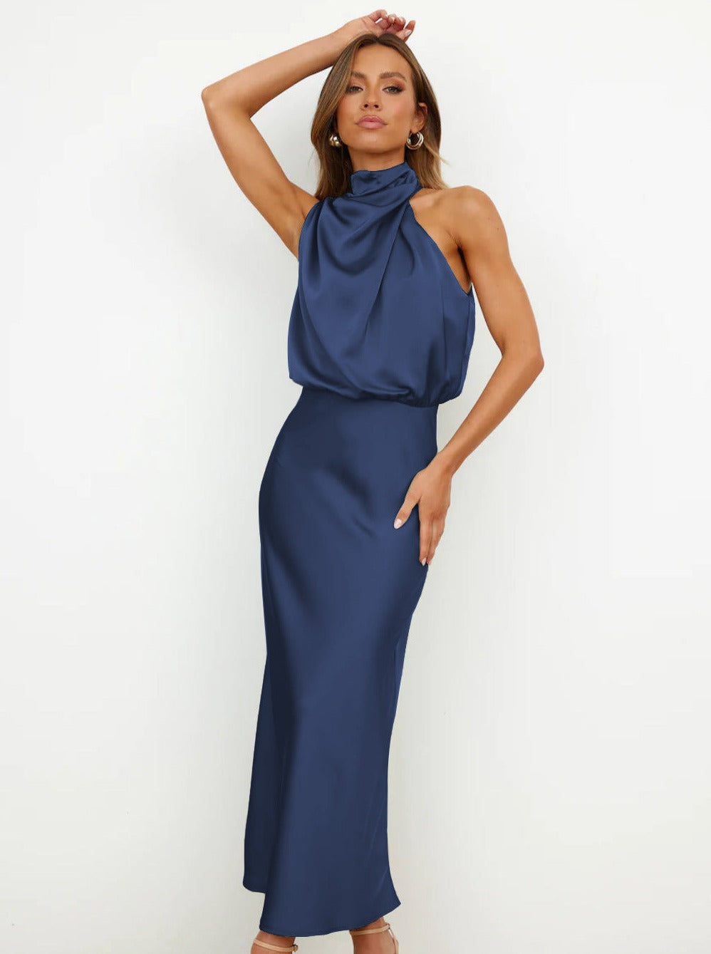 Elegant Deep Blue Halter Neck Dress