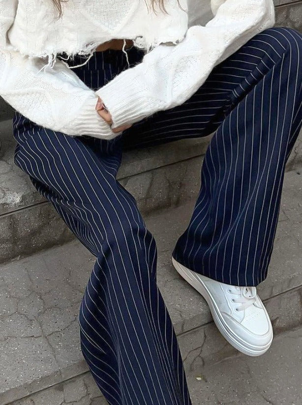 Casual Retro Blue Striped Loose Pants