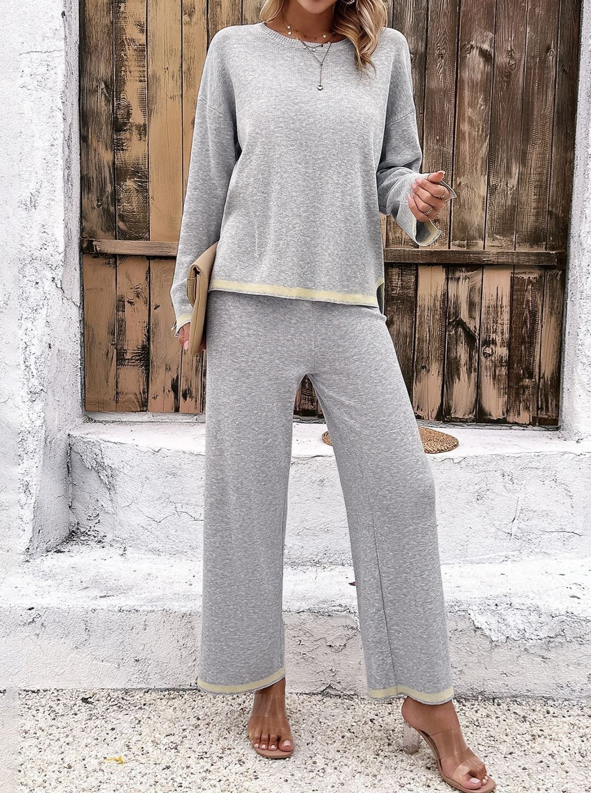 Two Piece  Long Sleeve Round Neck Top Pants Set