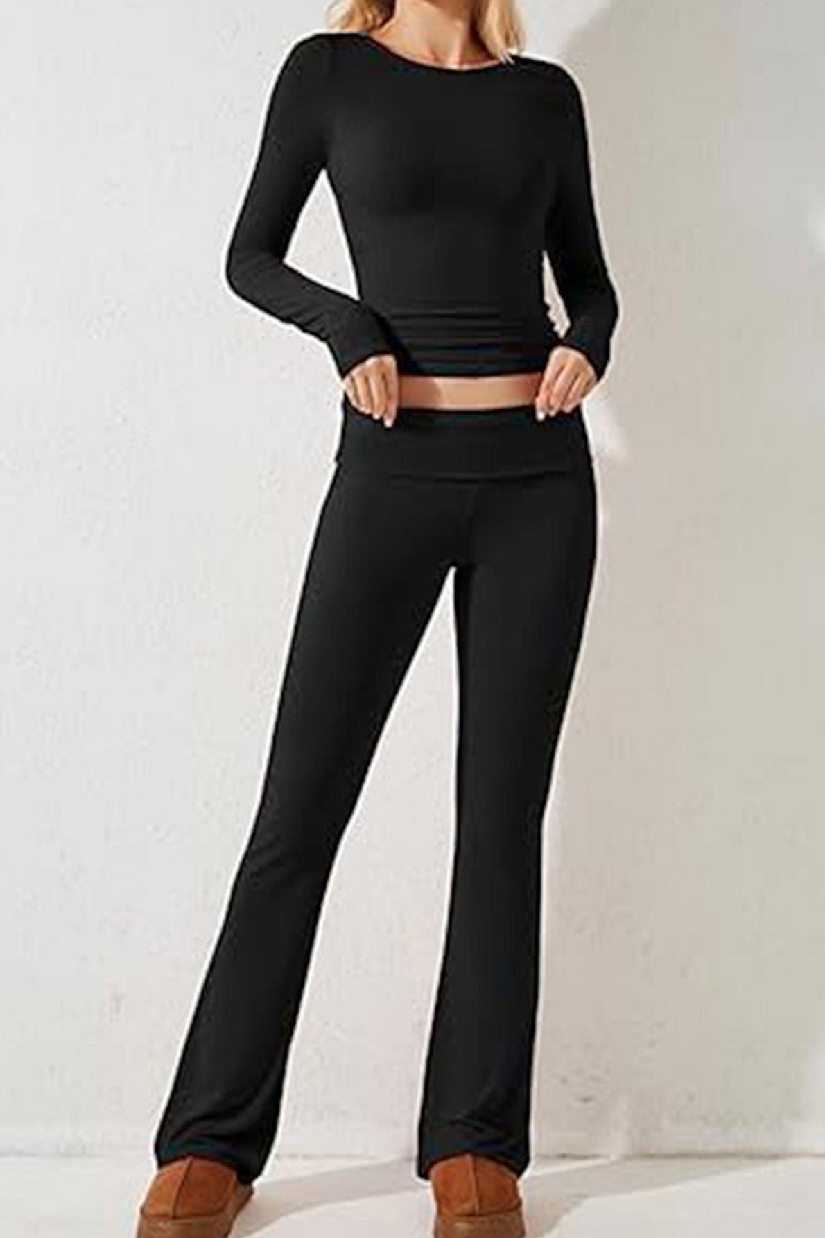 Two Piece Long Sleeve Crop Top Flare Pants Set