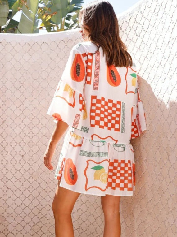 Simple Orange Ethnic Style Loose Shirt Short Dress