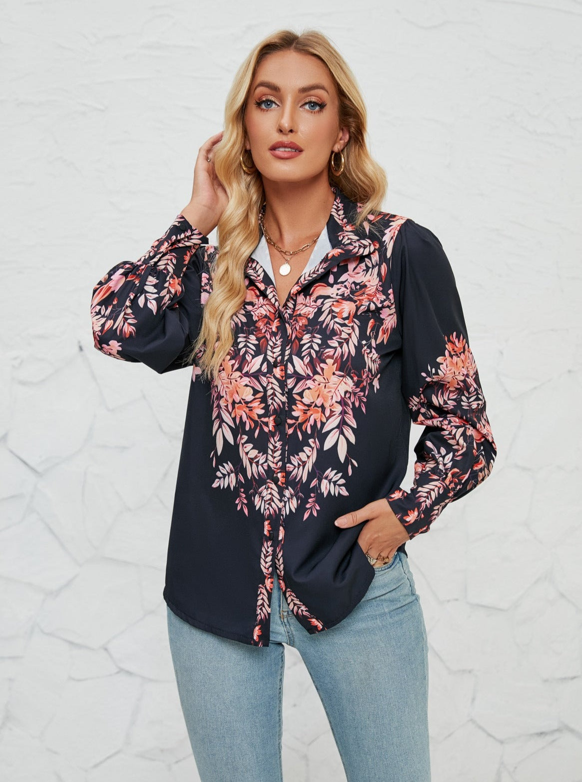 Floral Detailed Button Down Casual Temperament Long Sleeve Shirt