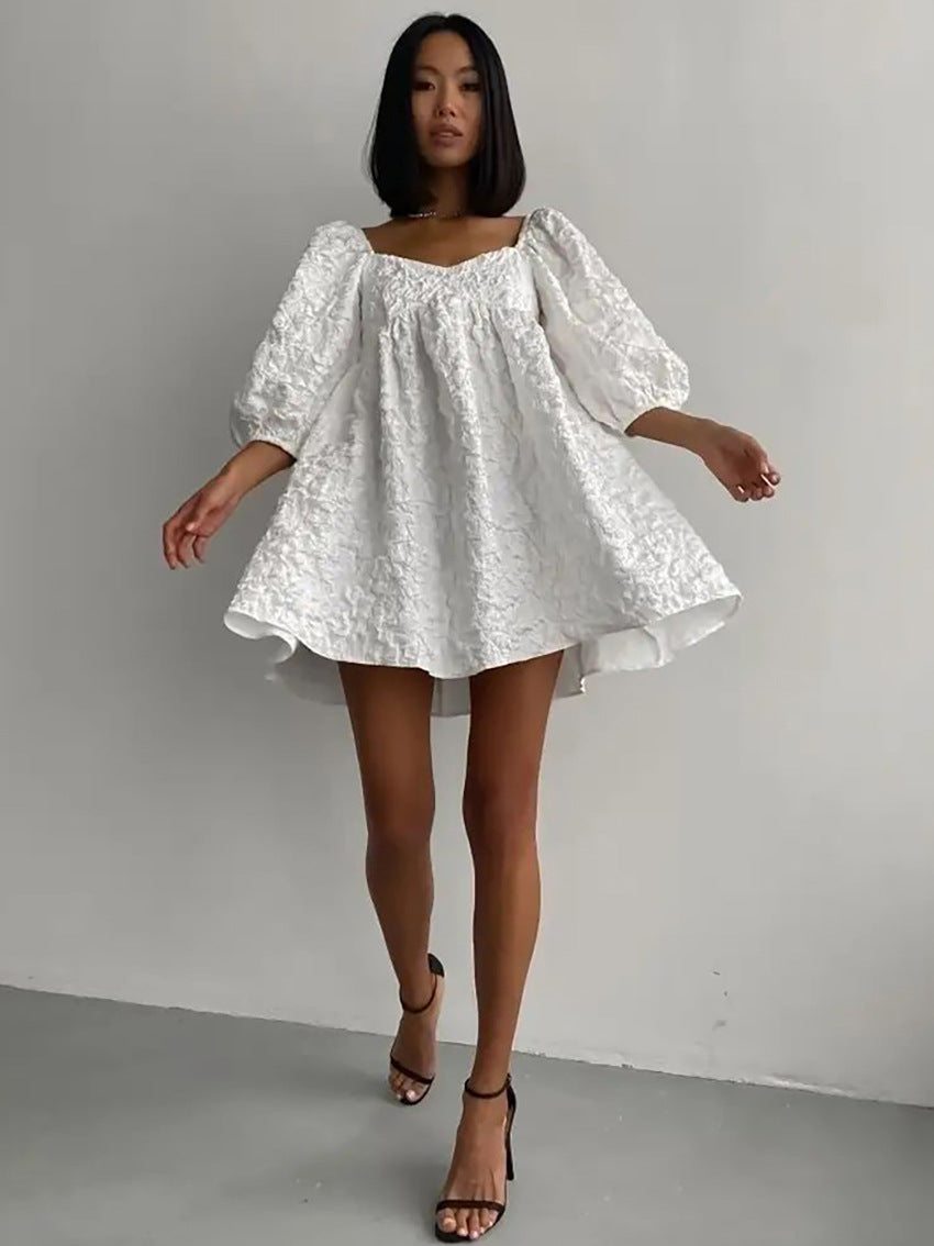 V-Neck Puff Sleeve Floral Embroidery Mini Dress