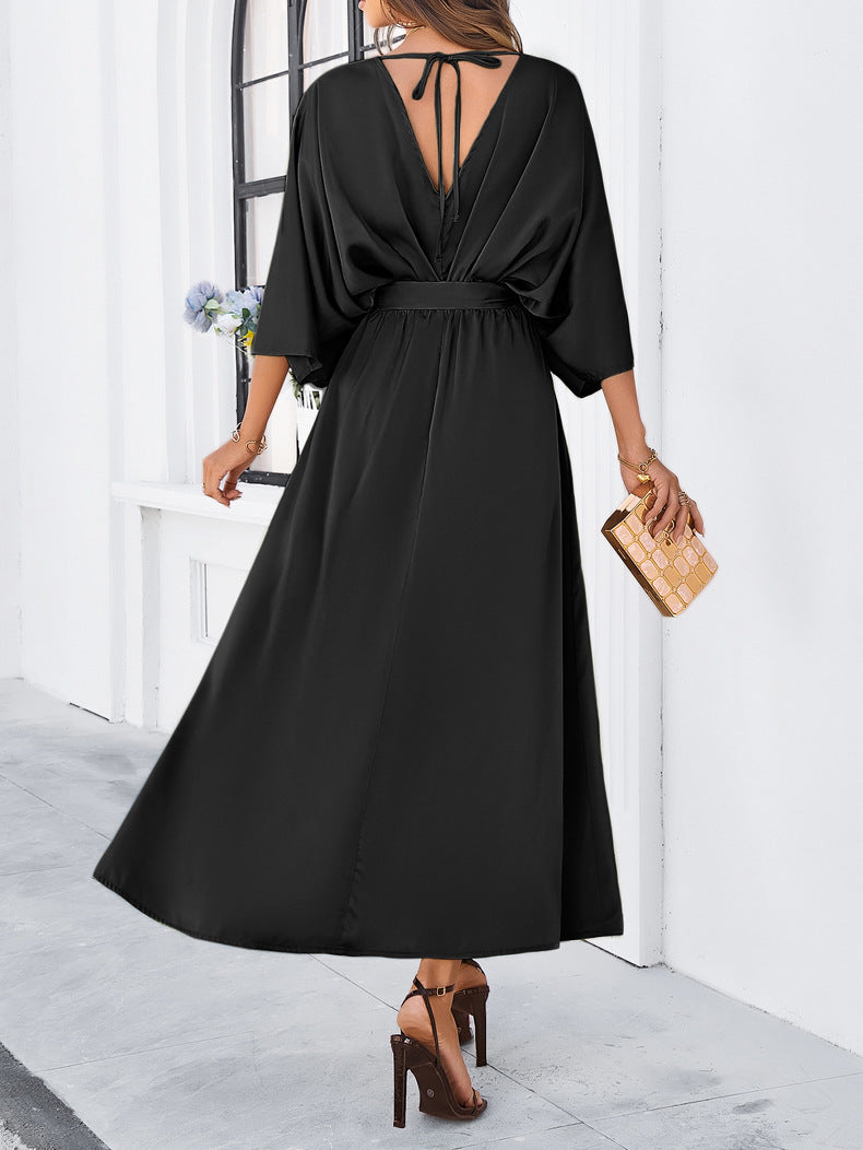 Black Elegant V-Neck Temperament Loose Dress