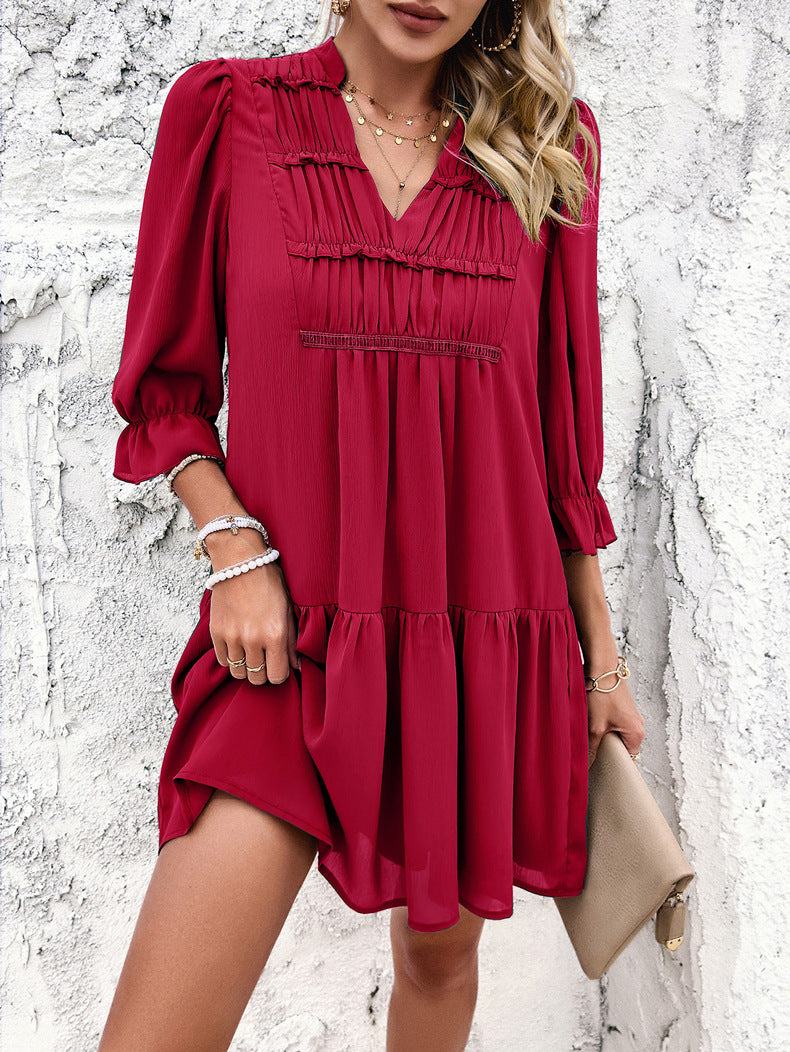 V-Neck Solid Color Half Sleeve Dress