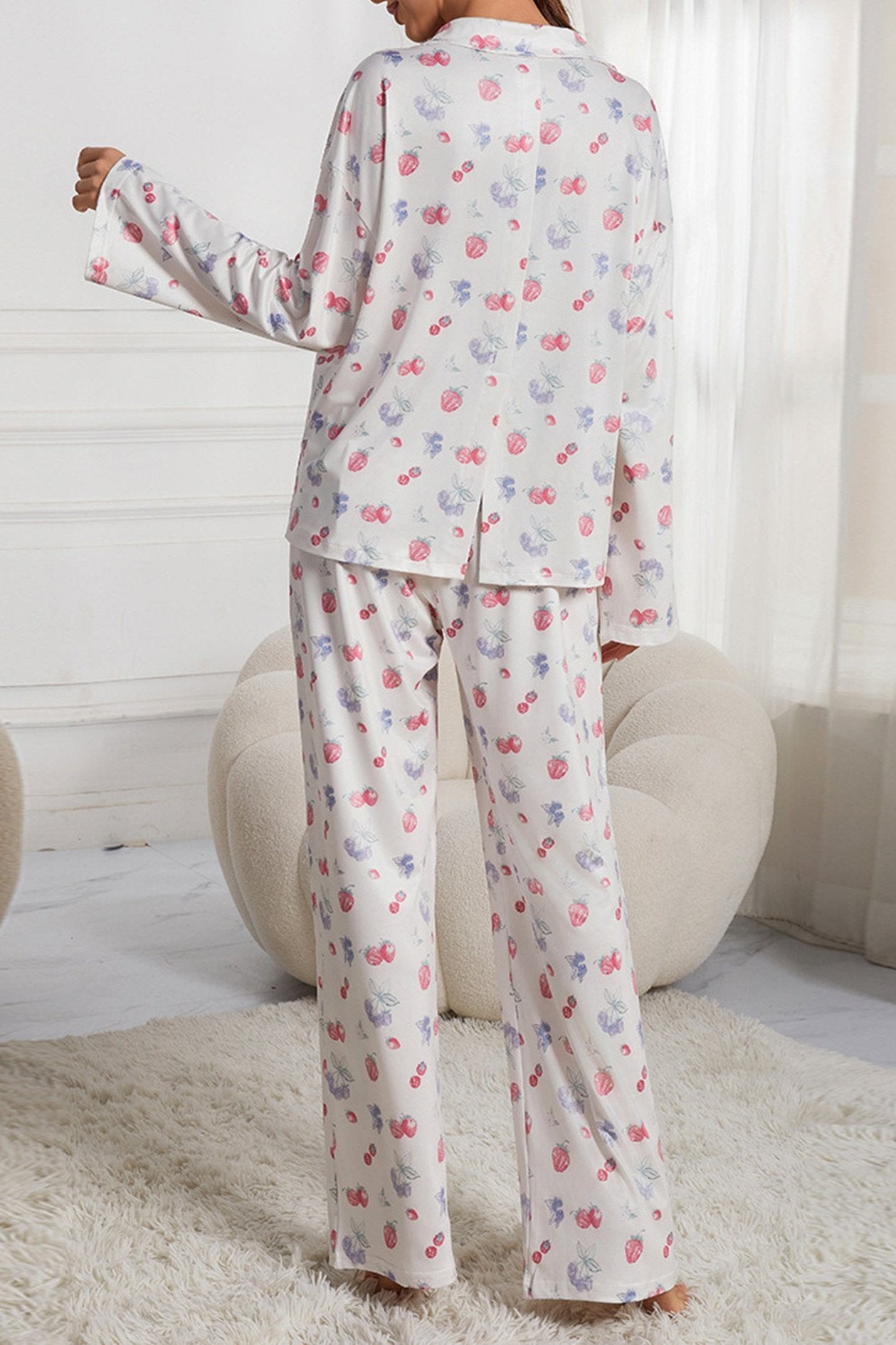 Fruit Printed Long Sleeve Shirt Wide Leg Pajama Set