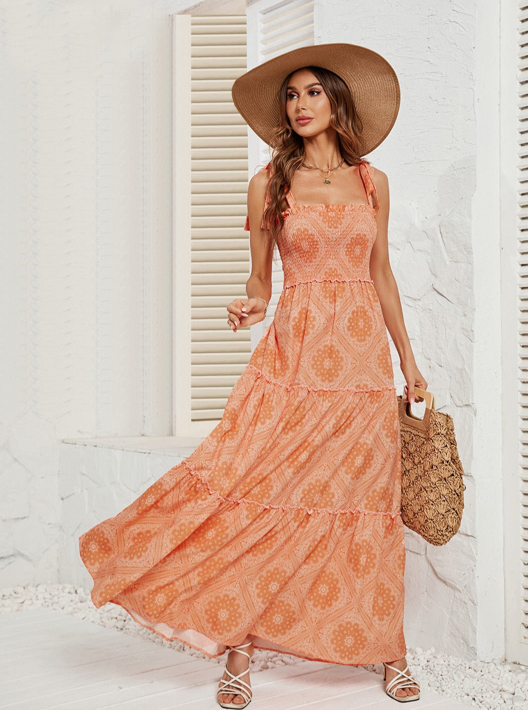 Casual Printed Tie Strap Square Neck Long Summer Dress