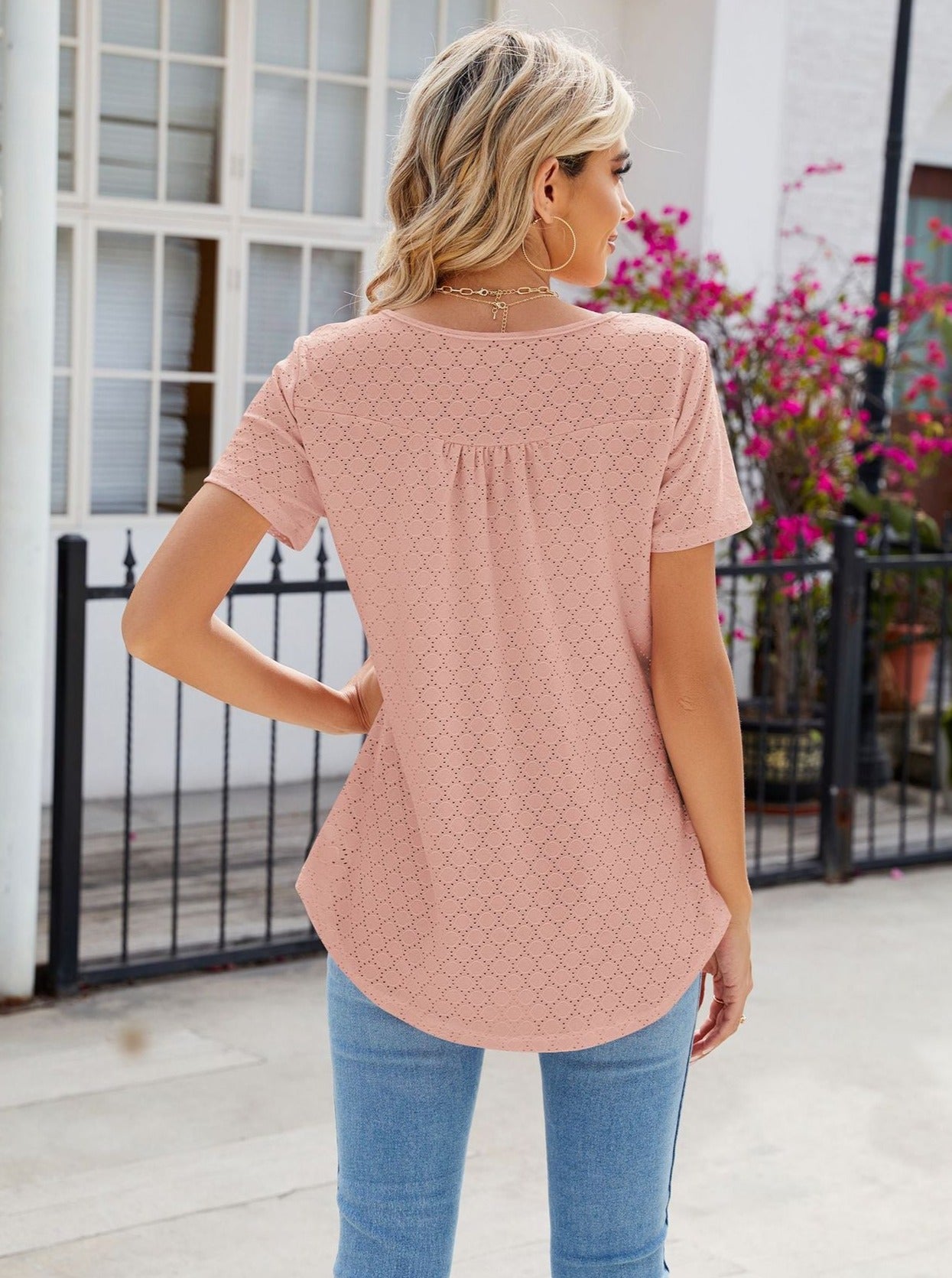 Fresh Pink Round Neck Button Loose Short Sleeve T-Shirt